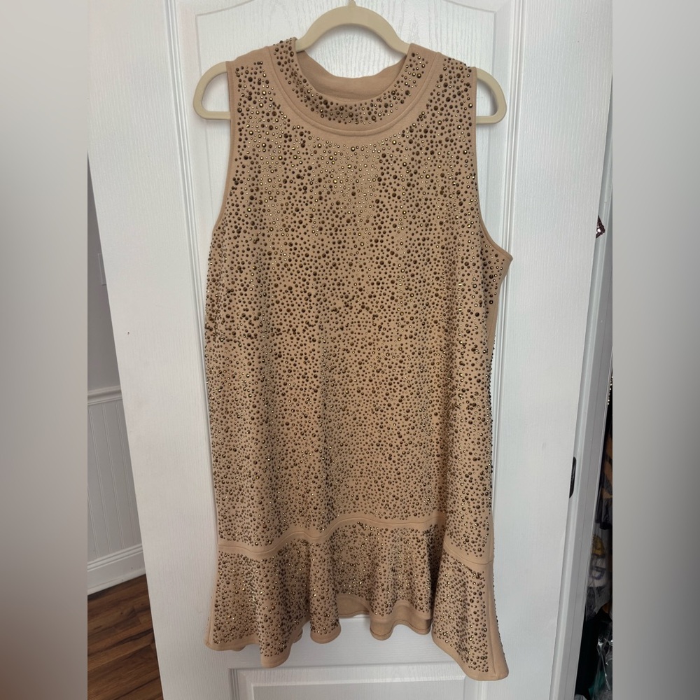 QUEEN OF SPARKLES Sleeveless Rhinestone Taupe Mini Dress
